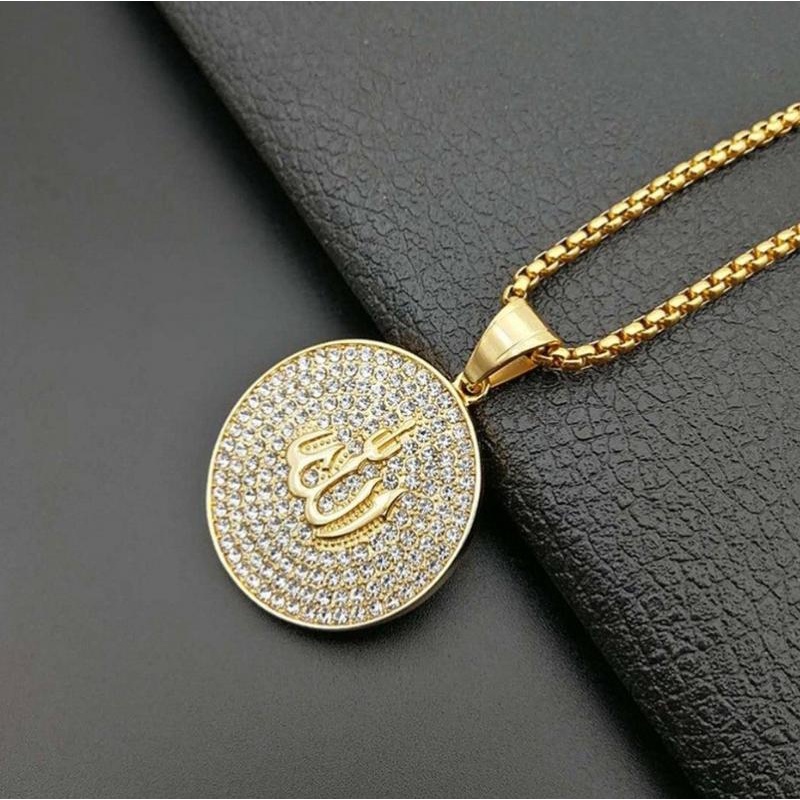 2022 Kalung Rantai Dengan Liontin Bulat Motif Tulisan Arab Allah Aksen Zircon Untuk Unisex