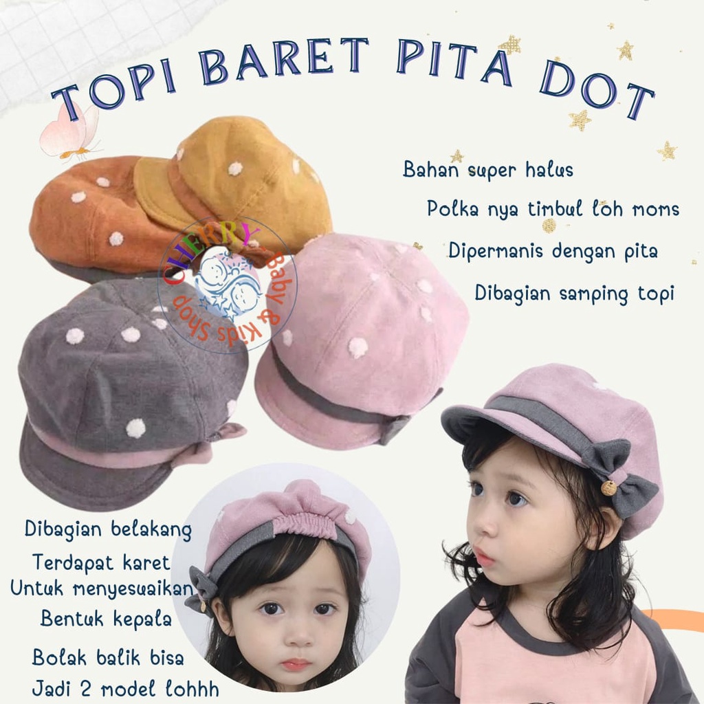 Topi Beret Girly Motif Pita Polkadot Timbul Gaya Retro Kekinian Klasik untuk Balita / Anak Perempuan High Quality CBKS VC