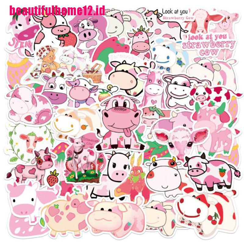 【beautifulhome12.id】50Pcs Cartoon Pink Strawberry Cow Stickers Laptop Skateboard Luggage Stickers