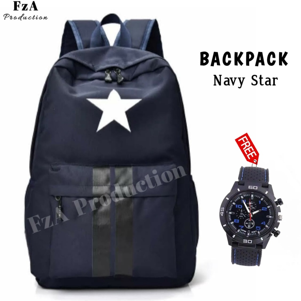 Tas Ransel Punggung Distro Casual Pria Wanita / Tas Ransel Laptop Original - FzA Gratis Jam Tangan Sport