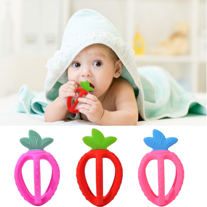 Mary Mainan Teether Bentuk Strawberry Bahan Silikon Untuk Bayi