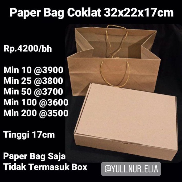 

Paper Bag Coklat 32x22x17cm muat box catering dan box puding sekat