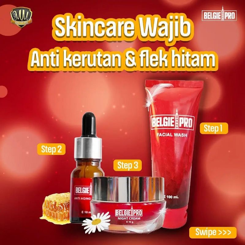 Belgie Pro Skin care Facial Wash,Serum Anti aging dan night cream Europe touch lawan penuaan dini An