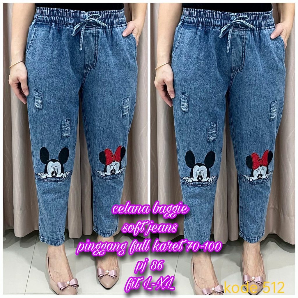512 Celana Wanita Jeans Denim Mickey Minnie Mouse Baggie Pinggang Karet Saku Kiri Kanan Panjang Fit 