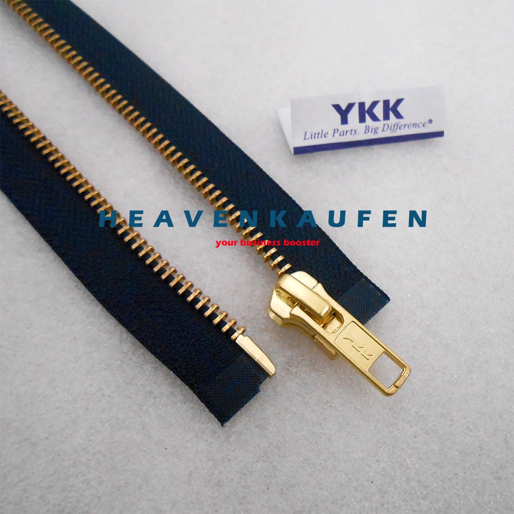 Resleting Zipper Jaket YKK 65 cm / 26 inch Warna Biru Navy Dongker - Gold Emas Set Open - End Buka - Lepas Type Gigi Besi