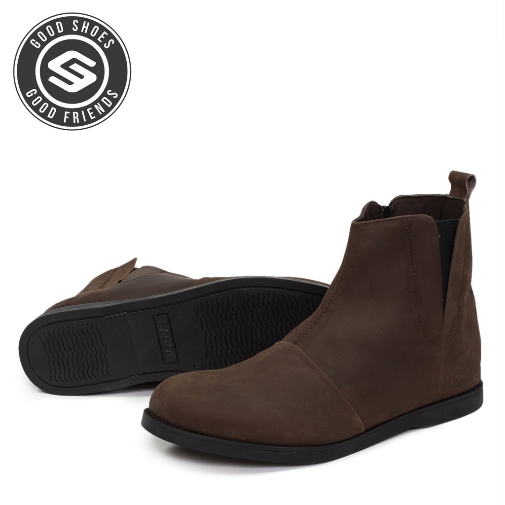 Sauqi Footwear - Lucido Brown Sepatu Boots Pria Zipper Elastic Kulit Asli Sleting !!