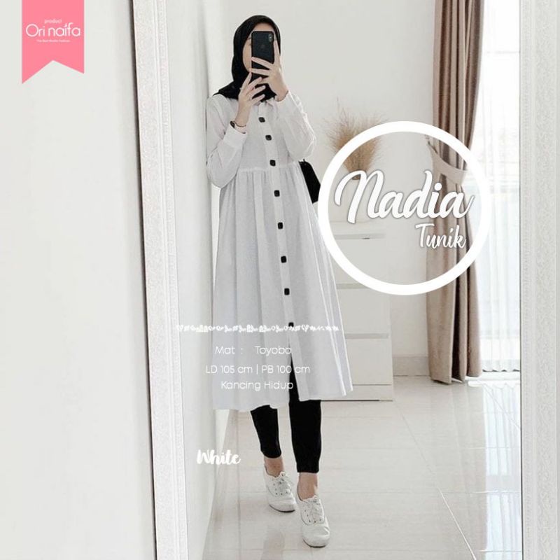 Nadia Long Tunik | Atasan Muslim Wanita Tunik Panjang Polos Tunik Putih Cantik Kekinian Terbaru