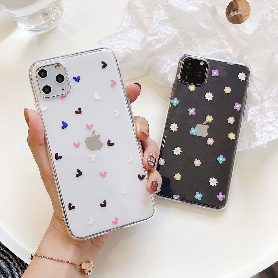 Soft Case Cover Belakang Transparan Motif Bunga Hati untuk iPhone 11 x XS Max XR 6 6S 7 8 Plus