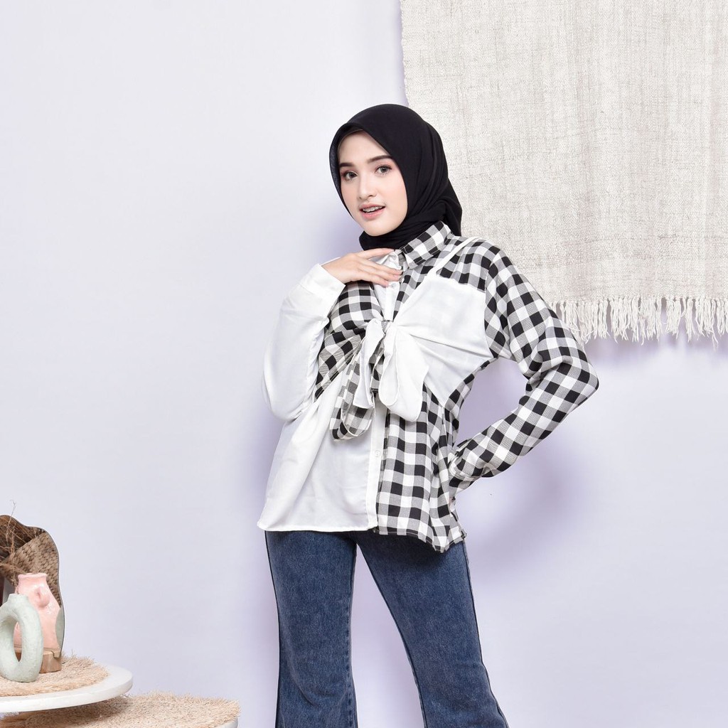 Ganish Blouse - Kemeja Kombinasi Motif Kotak Plaid