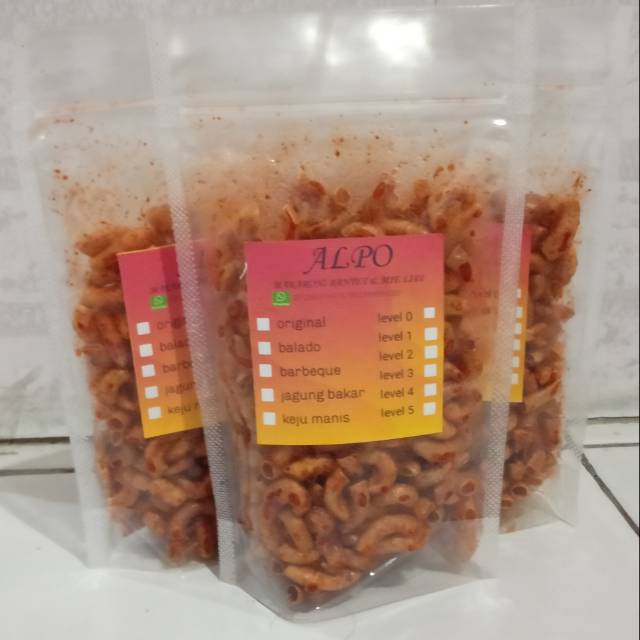 

PROMO,, MAKARONI GORENG BANTET ALPO RASA BALADO PEDAS MANIS 100GRAM