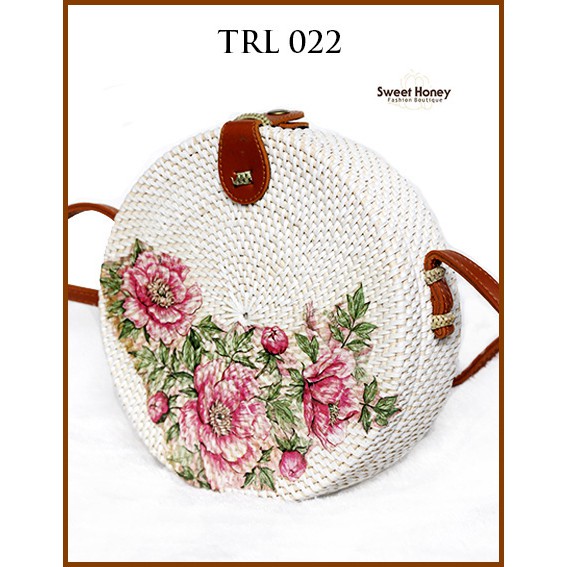 Sweet Honey ~ Grosir Tas Rotan Bulat 20cm Murah Bali Lukis Decoupage Motif Bunga TRL022 [Bisa COD]