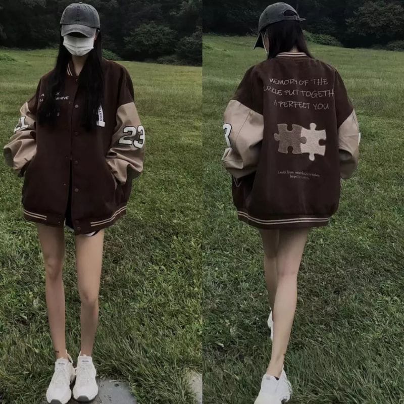 PUZZLE A CHOCK BROWNIE VARSITY BASEBALL OVERSIZE / BOMBER JAKET BISBOL KOREA STYLE A Baseball Varsity Jacket Premium Unisex Wanita Pria Cowok Outerwear Oversize  Matt Fleece Tebal