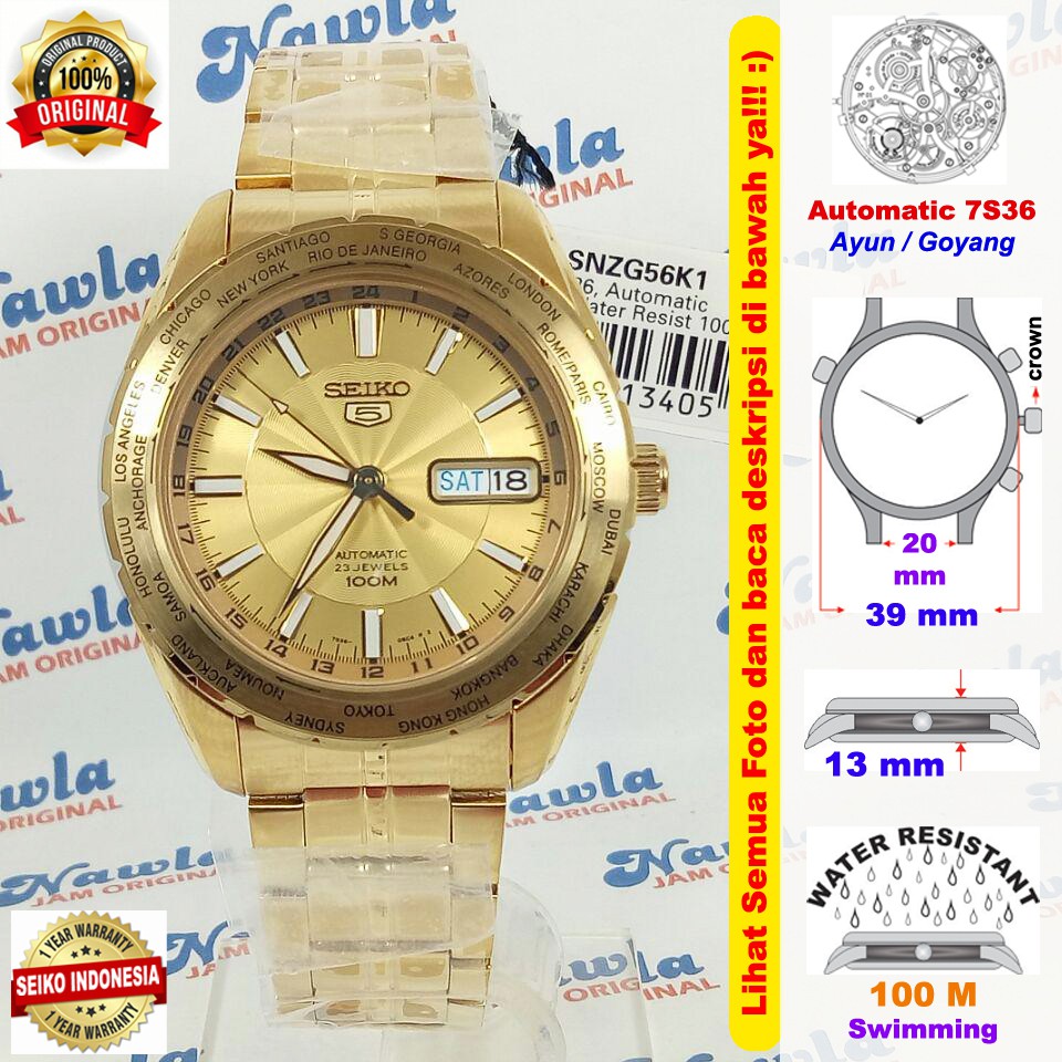 Seiko 5 Sports SNZG56K1 Gold IP World Time - Jam Tangan Pria SNZG56