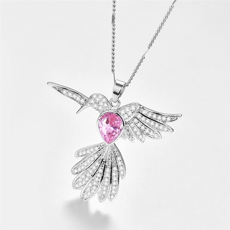 Kalung Rantai Sterling Silver 925 Dengan Liontin Burung Kolibri Hias Kristal / Berlian Pink Untuk Wanita