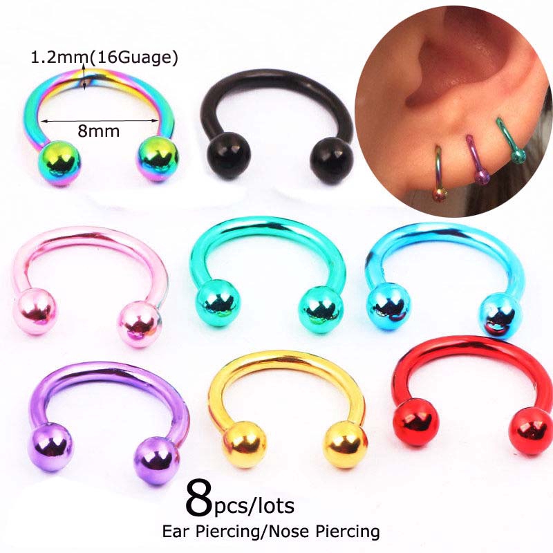 8pcs/lots Horseshoe Nose Ring Earrings Tragus Piercing 16Gauge Unisex