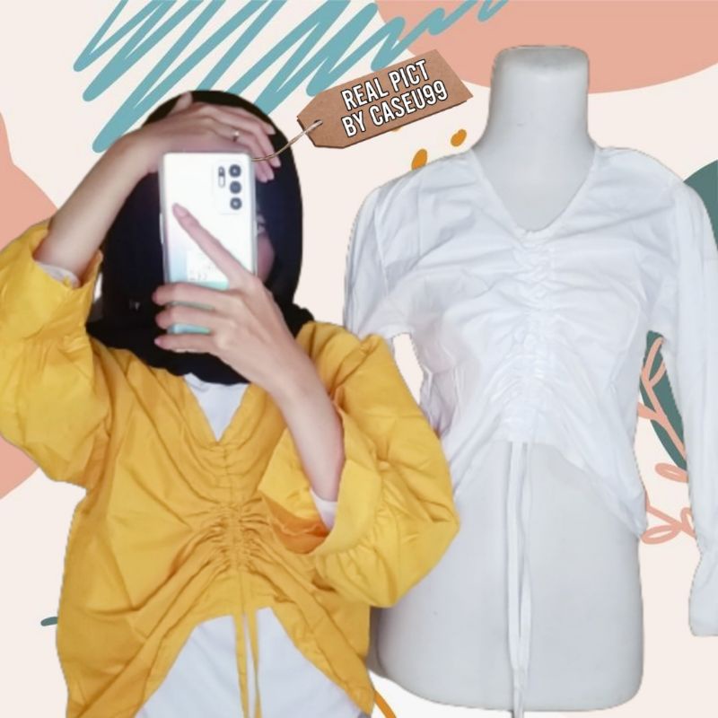 kerut blouse lengan panjang long Sleeve// lengan balon kerut vneck ilzzang serut crop tali depan