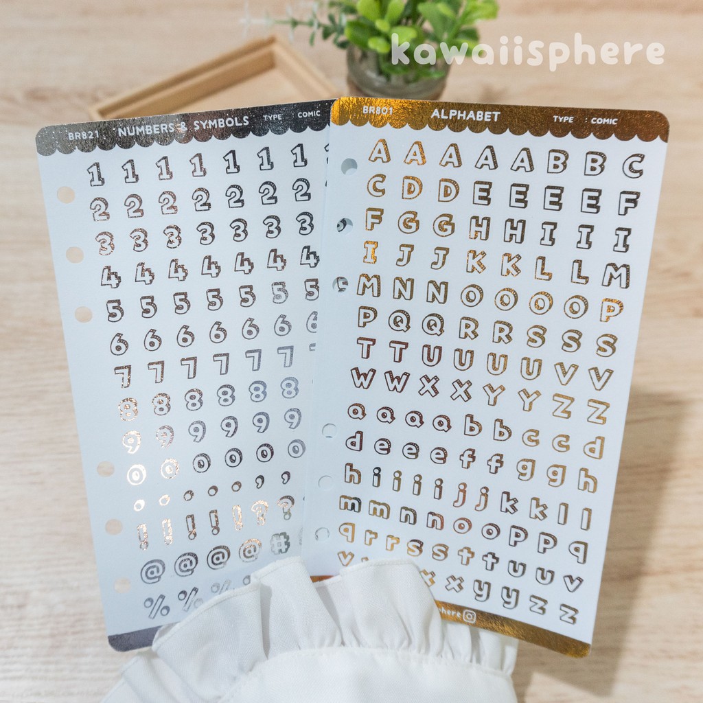 

Alphabet Numbers Comic Gold / Silver Foiled | A6 Ring Binder Sticker Huruf Angka Foil Emas Perak