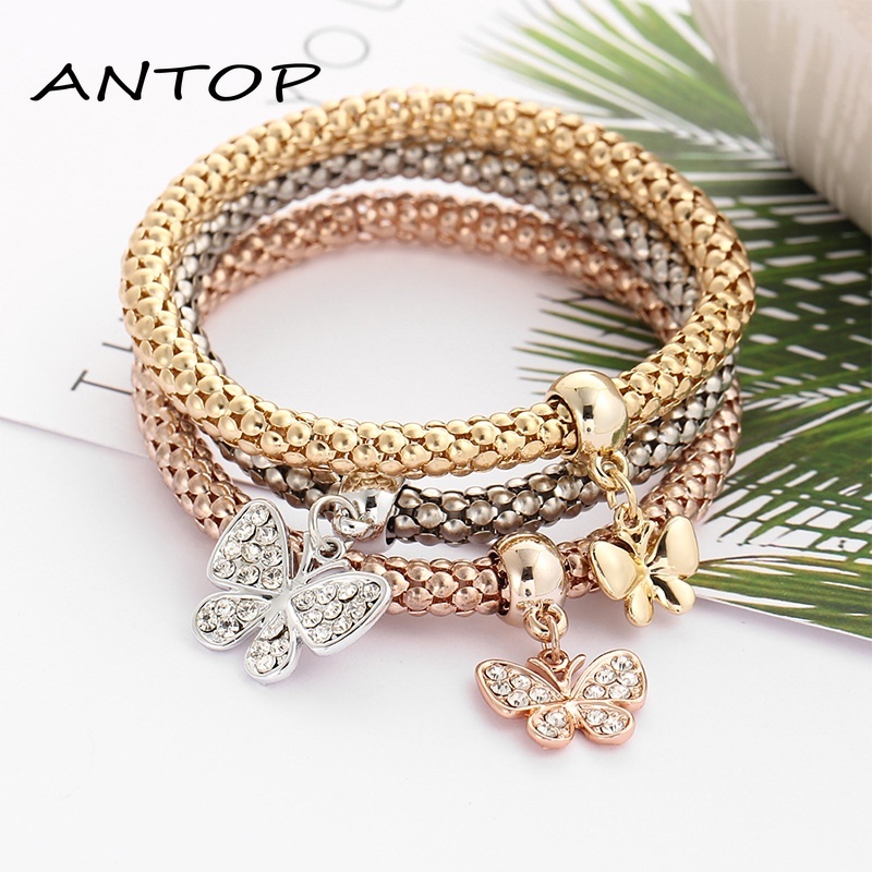 3pcs / Set Berlian Bertatahkan Kupu-kupu  Kunci  Kunci Liontin Gelang Tiga Warna Set Gelang Perhiasan Wanita ANTOP