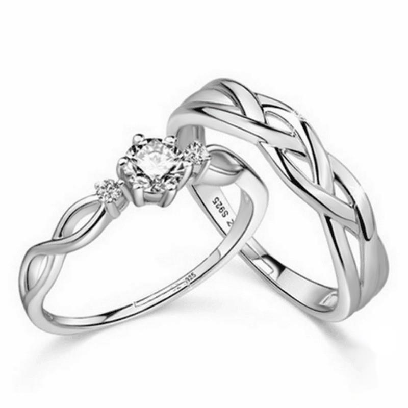 2pcs 925 Silver Cincin Pasangan Berlian Kristal Cincin Pernikahan Pasangan yang Dapat Disesuaikan Couple Ring Crystal Diamond Couple Wedding Adjustable Rings