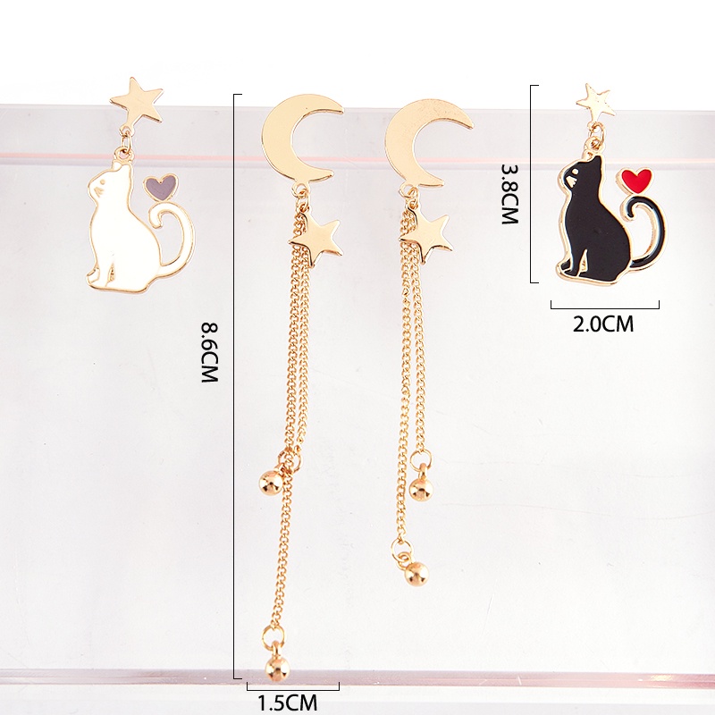 Anting Tusuk Asimetris Model Bulan Bintang Kucing Untuk Wanita