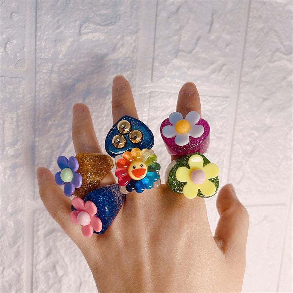 Needway Cincin Korea 2021gaya Baru Bunga Matahari Bunga Smiley Resin Geometris Fashion Perhiasan