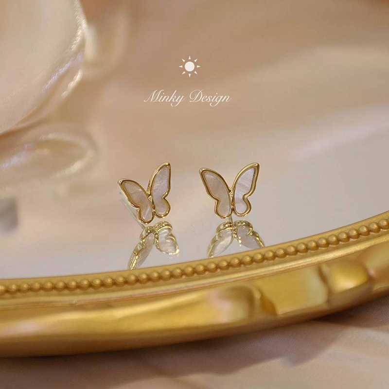 Anting Stud Desain Butterfly Bahan Metal Warna Emas Putih Gaya Korea Untuk Wanita