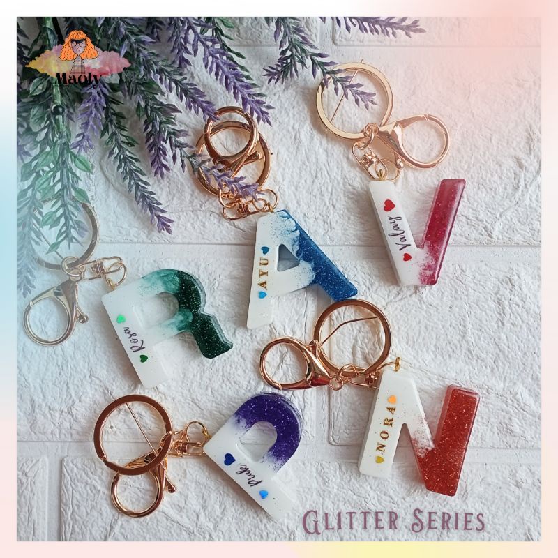 Glitter Letter Keychain Resin Gantungan Kunci Huruf Ganci Custom Nama Huruf Kado Hadiah Sovenir Hangtag Hampers