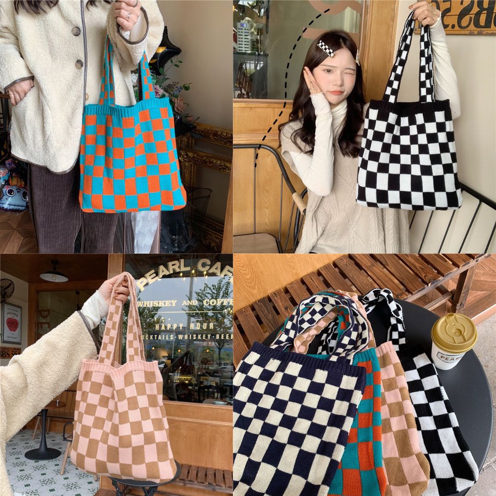 BEST-SELLER!! KOREAN KNITTED TOTEBAG CHECKERED BOARD