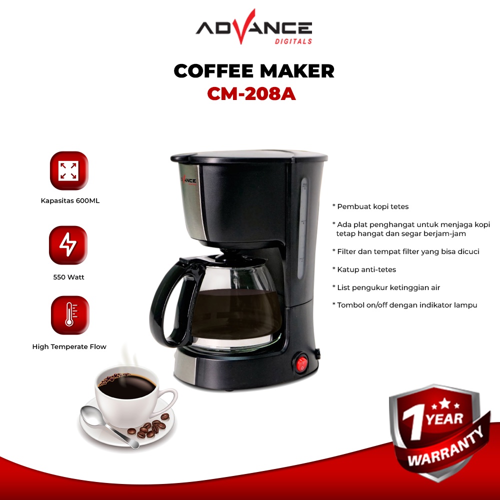 Advance Digitals Coffee Maker 0.6L Mesin Pembuat Kopi CM208A Garansi Resmi Advance Digitals 1 Tahun I Hitam