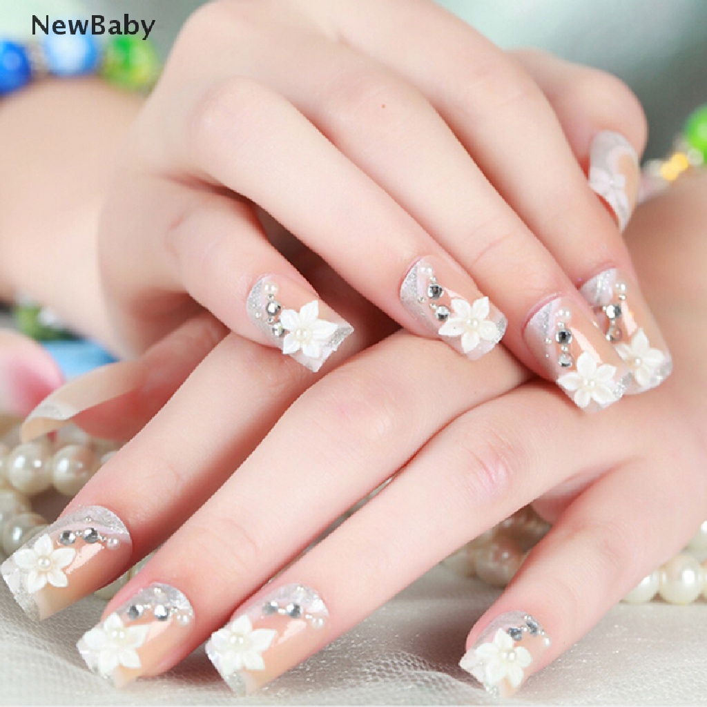 24pcs Kuku Palsu Full Cover Bahan Akrilik Gaya Perancis Untuk Nail Art