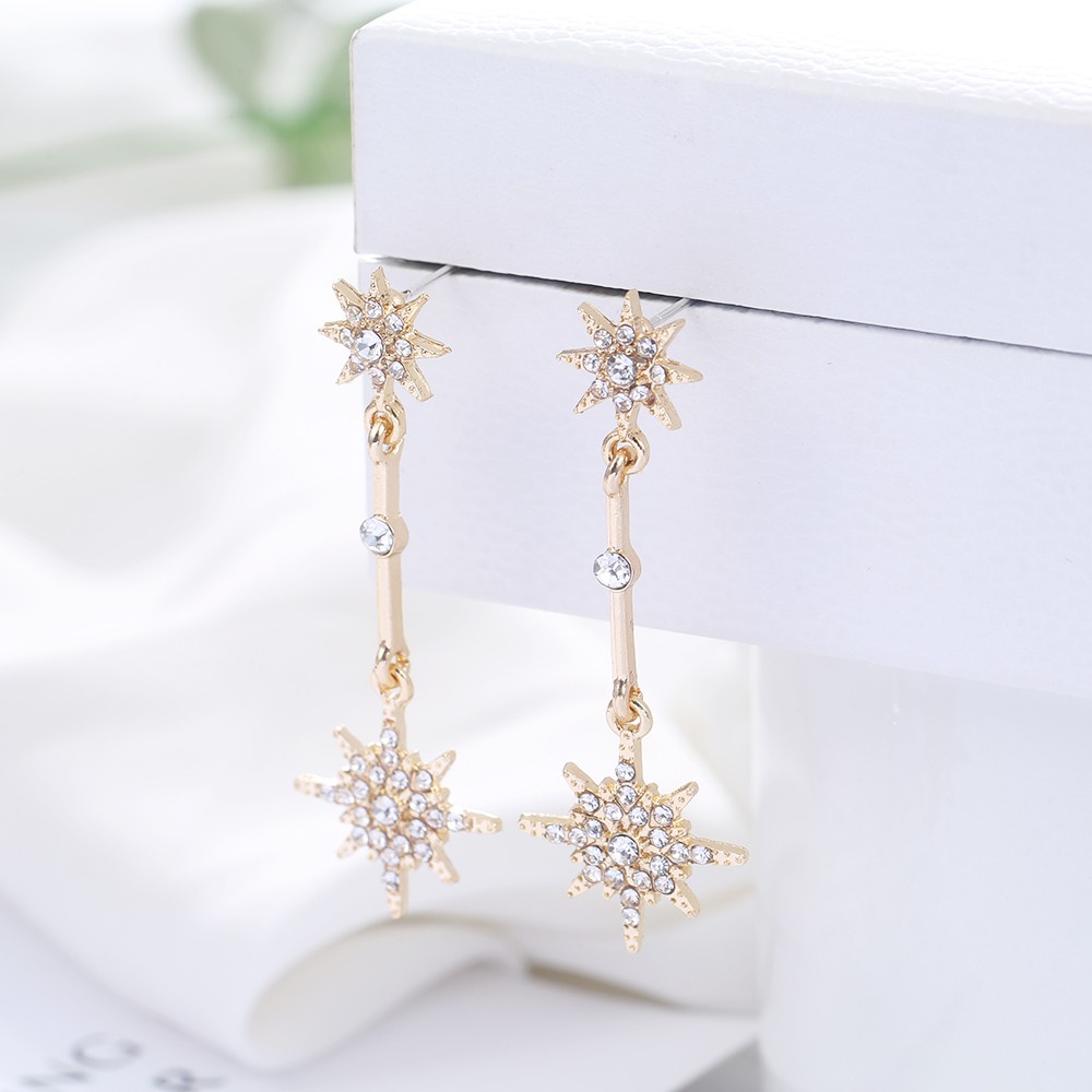 Anting Stud Panjang Desain Bintang Delapan Bahan 925 Silver Needle Gaya Korea Untuk Wanita