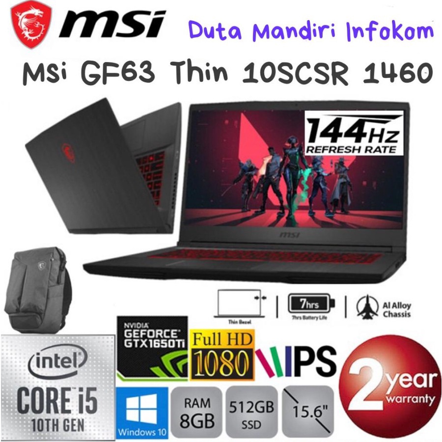 Msi GF63 Thin 10SCSR - I5-10200H 8GB 512GB GTX1650Ti 4GB 15.6" WIN10