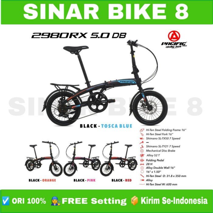 Sepeda Lipat ukuran 16 Inch PACIFIC 2980 RX 5.0 DB Shimano 7 Speed Boncengan