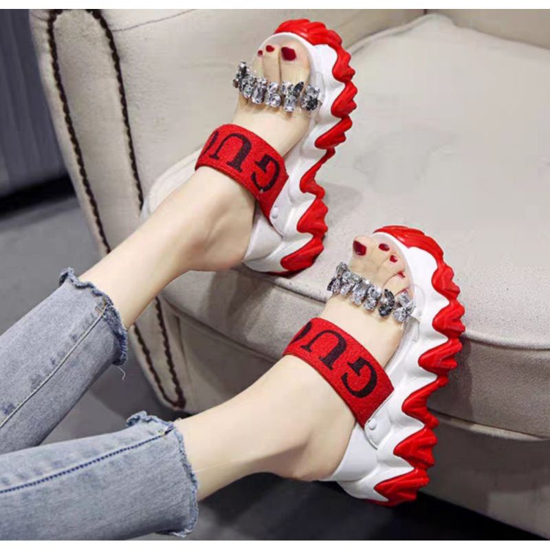 WEDGES SANDAL GUCCI TALI LUCU HAK FLATFORM DATAR SENDAL SLIDE BENING MIKA PAYET MODEL IMPORT KOREA