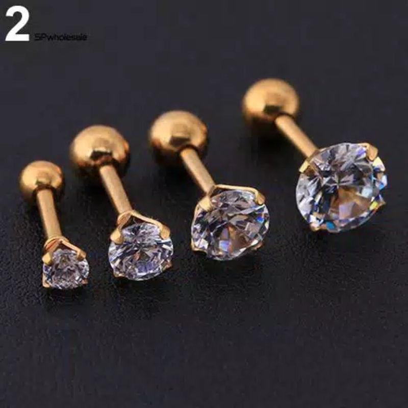 1Pc Anting Tusuk Titanium Zircon Berlian Permata Bentuk Ukuran 3mm-6mm