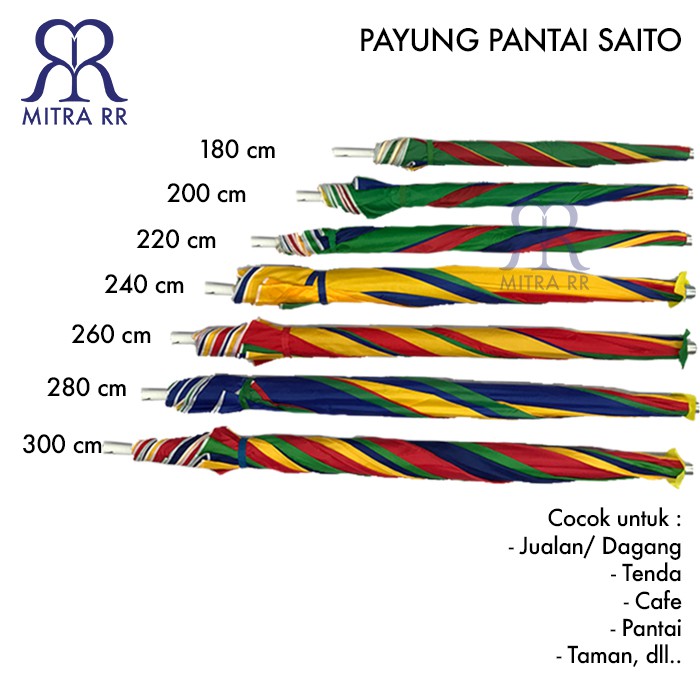 Payung Pantai UV Pelangi Taman Cafe Tenda Jualan Dagang Parasol Saito 240 cm - Free Packing Bubble Wrap dan Dus