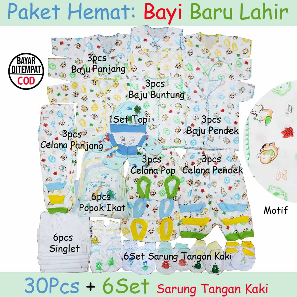38pcs Paket Perlengkapan Baju Bayi Lahir Newborn Setelan Baju Bayi Polos Celana Popok Kado Singlet Topi Sarung Kaki Gift Set Motif Animal Lucu