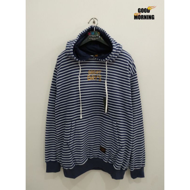Sweater good morning salur bergaris original quality untuk pria dan wanita dengan bahan flecee