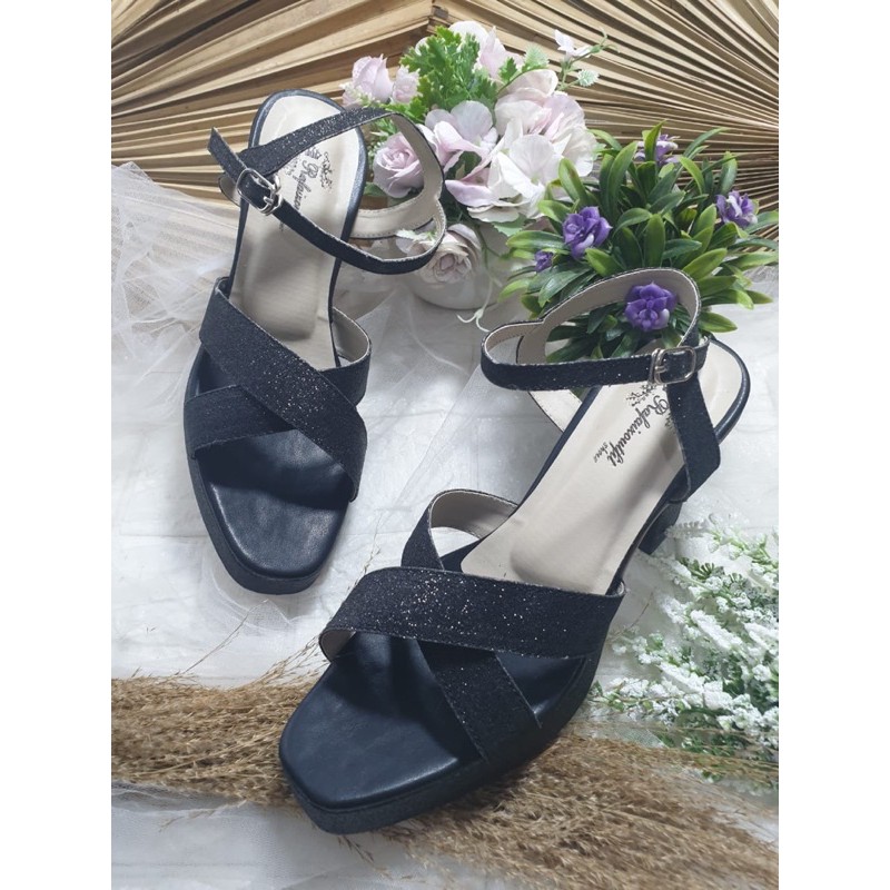 sepatu gliterr hitam tali 9cm hak tahu platfoam