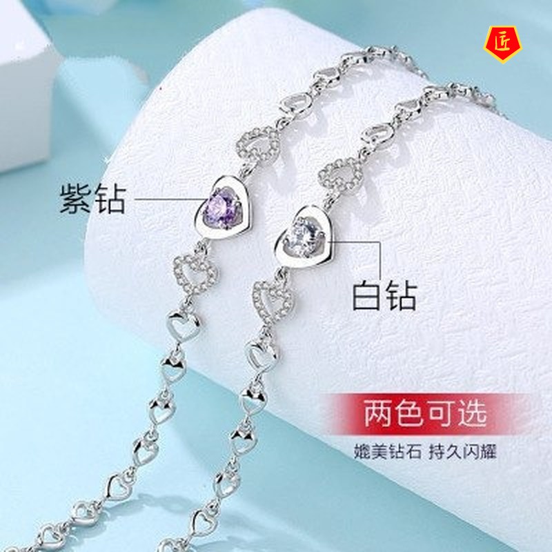 [Ready Stock]925 Silver Fashion Heart-Shaped Hollow Purple Diamond Bracelet