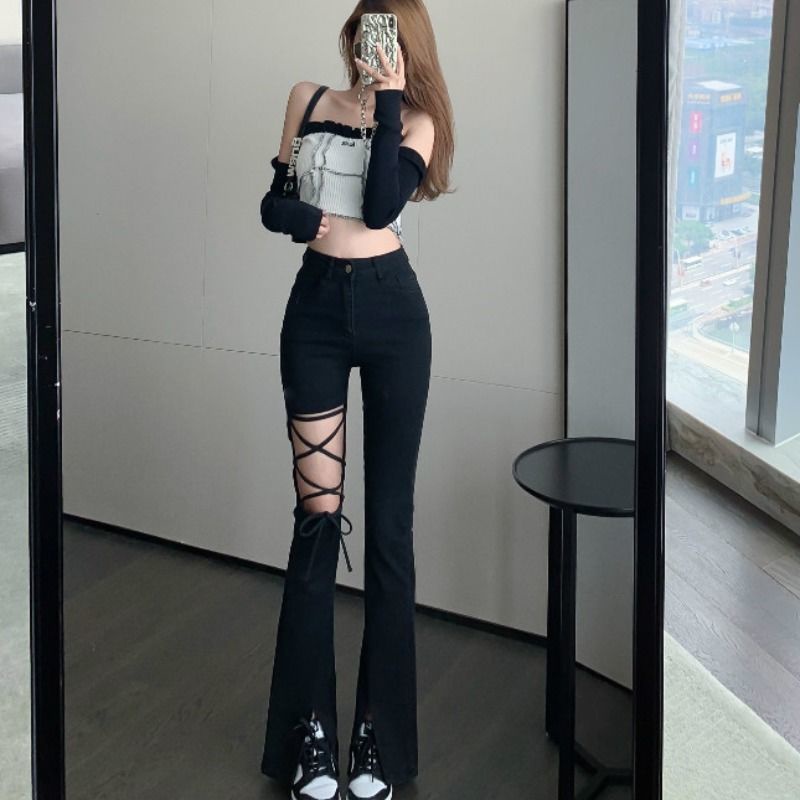 celana jens high waist wanita cutout lace-up slit celana pel wanita jeans hitam