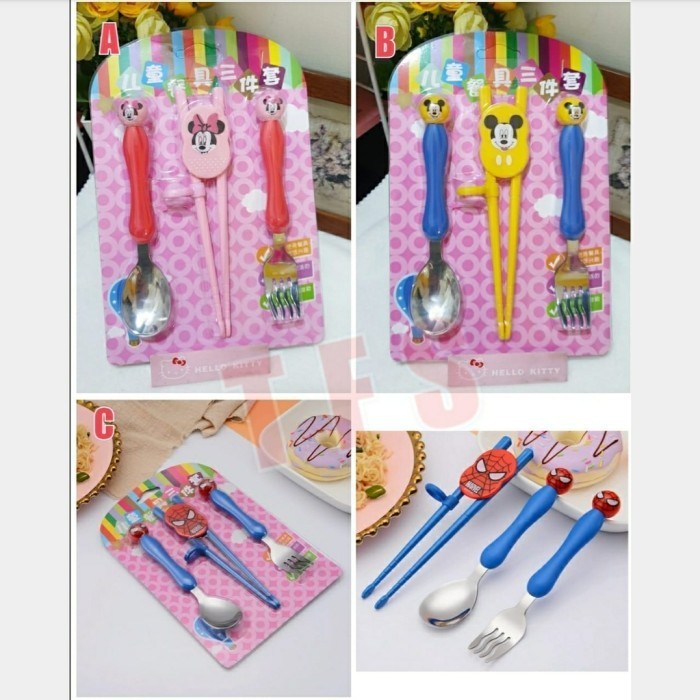 Set sendok garpu sumpit belajar training karakter Minnie Mickey Mouse Spiderman