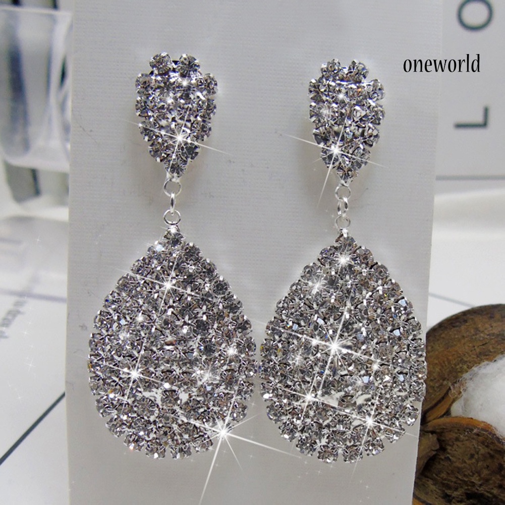 OW@ Women Fashion Rhinestone Waterdrop Dangle Stud Earrings Wedding Party Jewelry