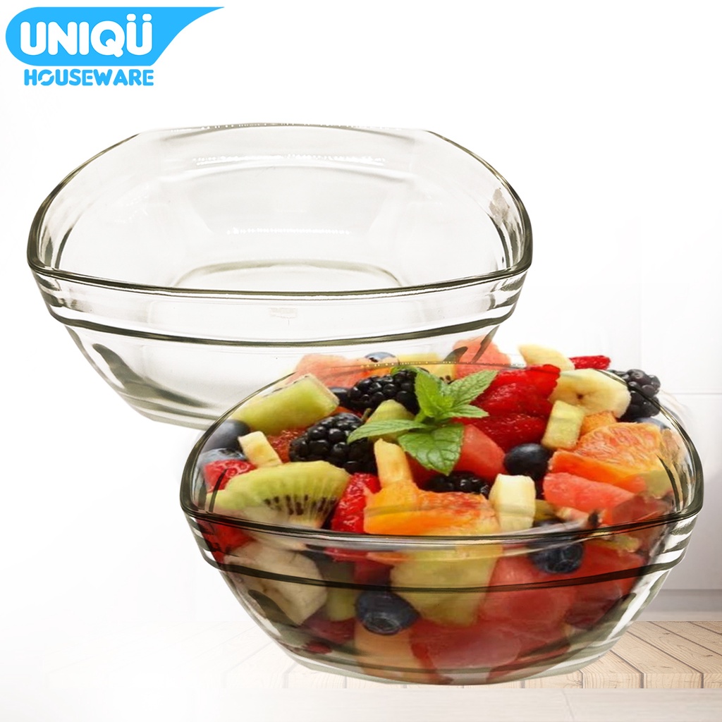 UNIQU Mangkok Kaca Segi - Mangkok Saji Kaca Tebal Bening Besar Serbaguna