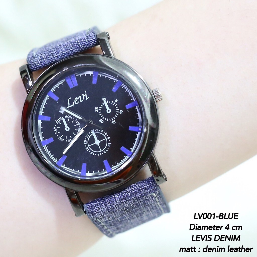 Jam tangan murah wanita /  pria LEVI tali kanvas kombinasi kulit grosir ecer termurah import LC001