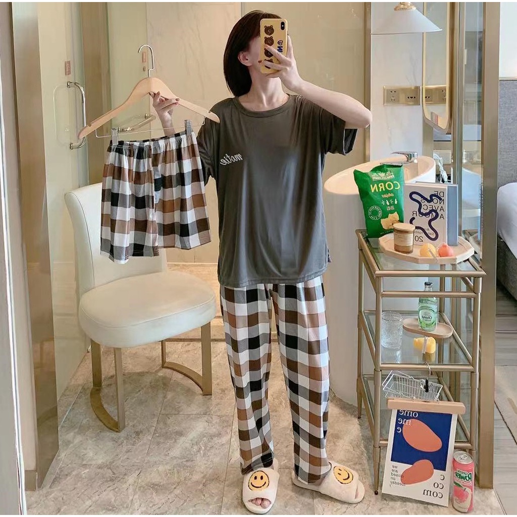 AJW Shop Piyama 3in1 | Piyama Import Dewasa | Setelan Wanita Kekinian | Baju Tidur Wanita Dewasa-Motie Abu