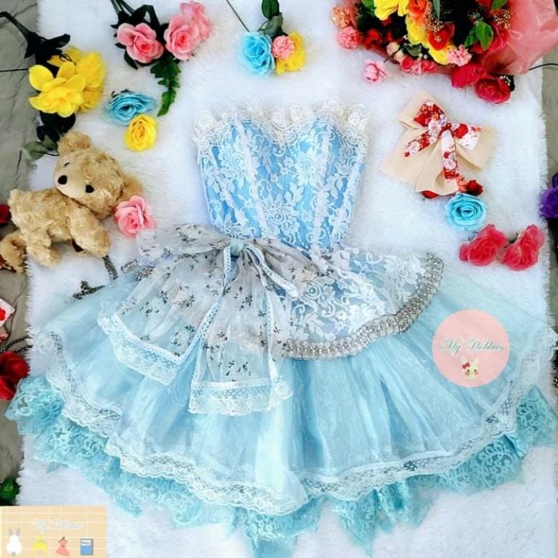 Dress Wanita Baju Pesta Prawedding Prewed Ulang Tahun Cewek Mini Biru Brokat Renda Rok Kibar Korea C