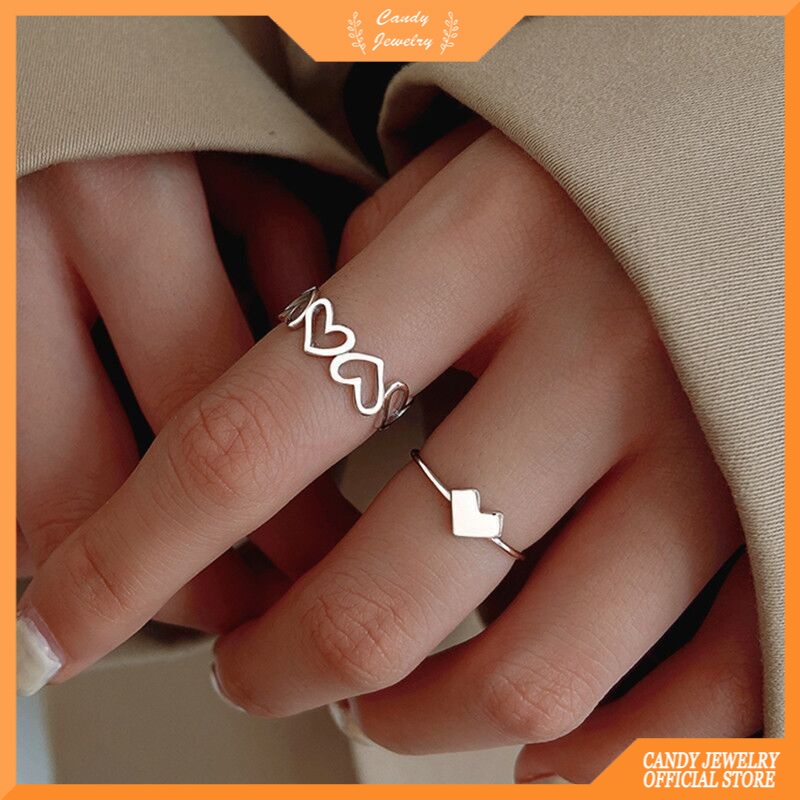 Candy Jewelry 2pcs Ring Sets Silver Plated Fashion Heart Rings for Women Simple Accessories