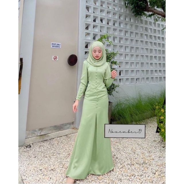 Jahit dress gamis kondangan bahan satin velvet model melayu rok duyung variasi kancing cepat dan mur