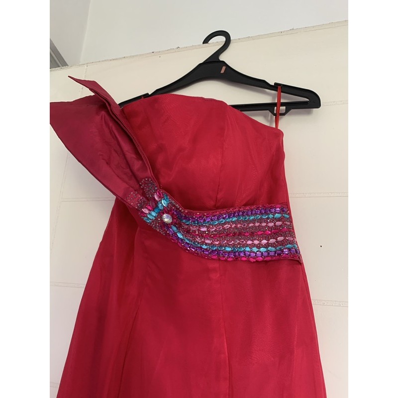 (Preloved) Party Long Dress - Fuschia Bow